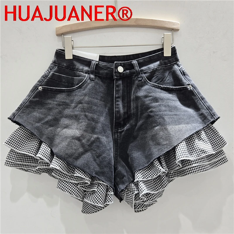 Jeans Shorts Women Vintage Denim Short Pants High Waist Detachable Hem Plaid Cloth Distressed Washed Streetwear Summer Denims