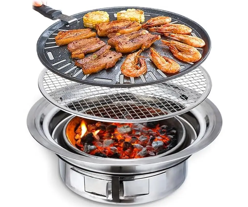 

13,7-дюймовый корейский гриль-барбекю, многофункциональный угольный гриль-барбекю, круглая походная гриль-печь, настольный гриль-гриль для курильщика, сетка для гриля