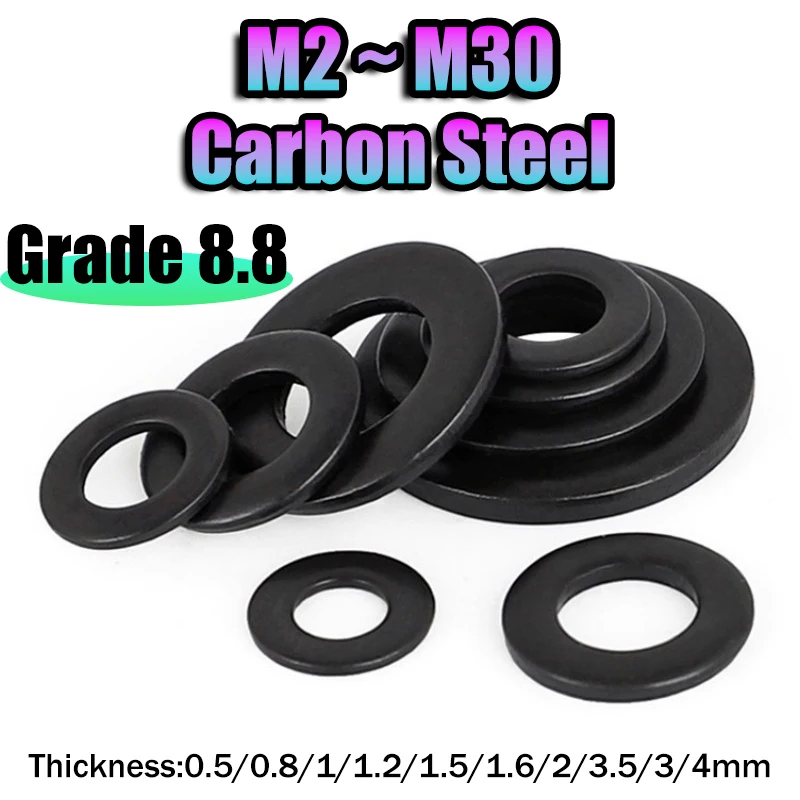 1-200pcs Black Flat Washer M2 M2.5 M3 M4 M5 M6 M8 M10 M12 M14 M16 M18 M20 M22 M27 M30 Grade 8.8 Steel Plain Washers Gaskets