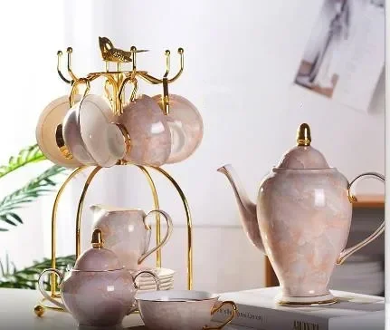 Marble Bone China Coffee Set Marbling Porcelain Tea Pot Cup Ceramic Mug Sugar Bowl Creamer Teapot Party Drinkware Coffeeware