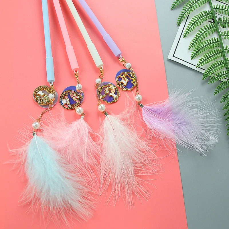 30PCS Creative feather pendant pen Retro gilded window flower painting pendant Rollerball pen high beauty water-based pen