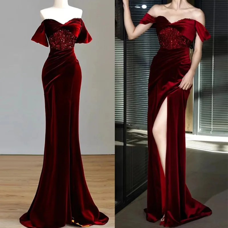 CustomizedSexy Velvet Evening Dress Sweetheart Off The Shoulder Side Split Mermiad Sequins Fishtail Formal Occasion Bridesmaid G