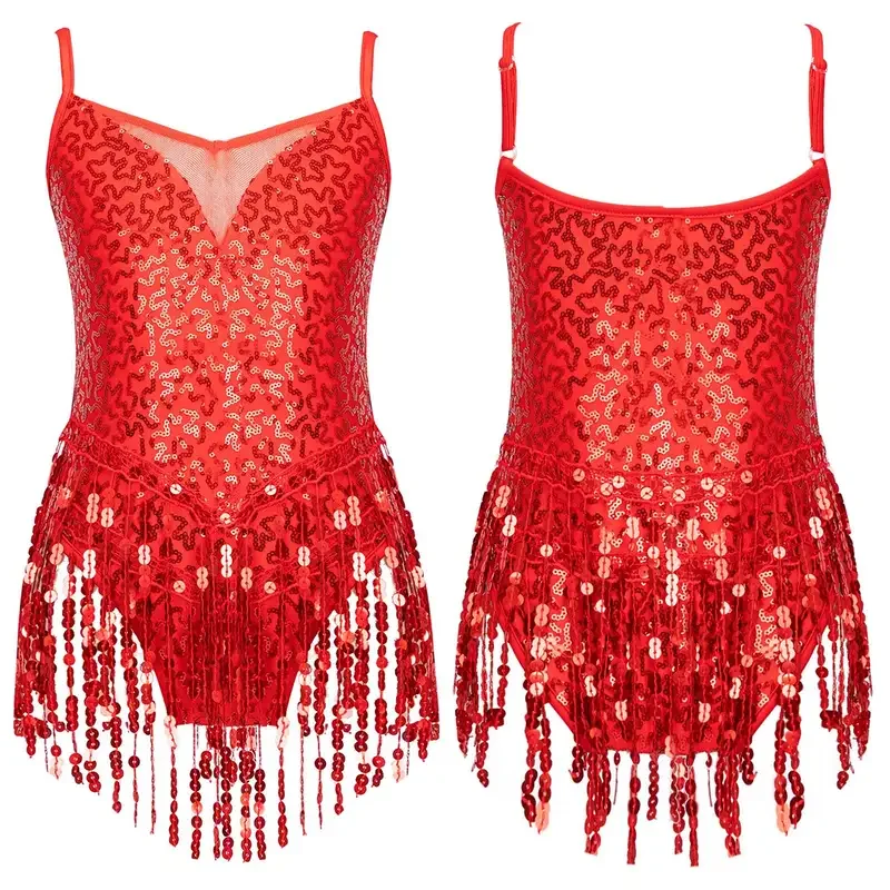 Dziewczęta Latin Jazz Dance Dress Kids Shiny Sequins Tassel Fringe Mesh Ballroom Samba Tango Cha Cha Dance Leotards Rave Costume 2022