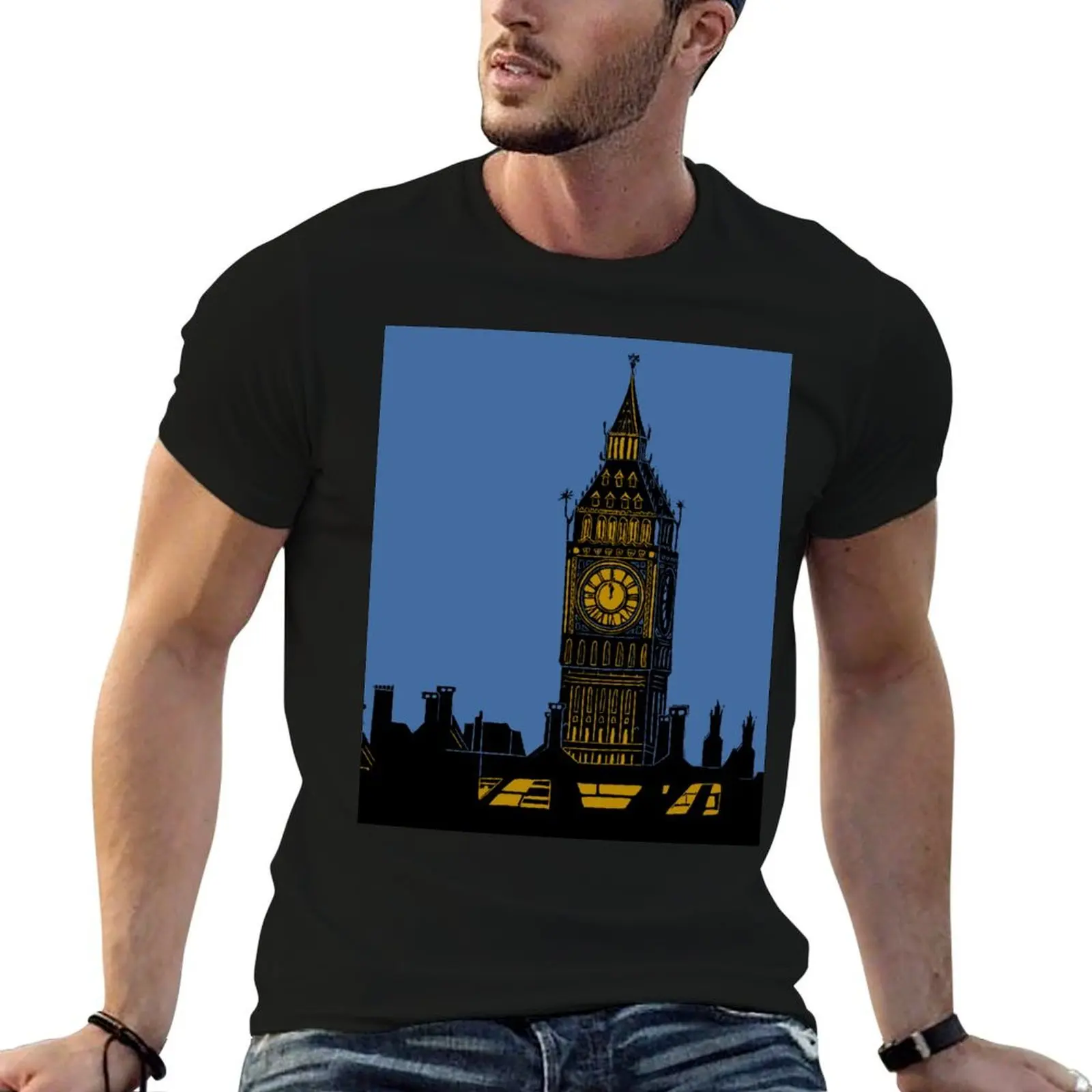 

Big Ben London Silhouette Linocut T-Shirt man t shirt cotton cotton t shirts man 100% anime t shirts oversize T-shirt