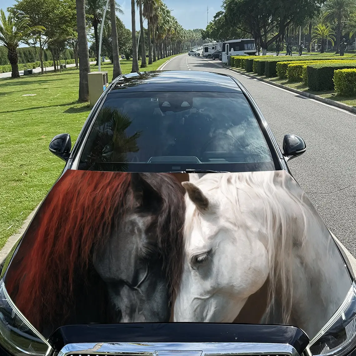 

Mysterious Horse Pair in Contrasting Colors PVC Car Engine Hood Vinyl Wraps, Self-Adhesive Waterproof Car Hood Decal Sticker, Ca
