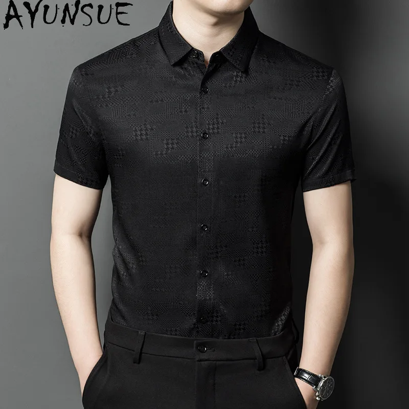 AYUNSUE Real Mulberry Silk Summer Shirt Quality Stretch Satin Short Sleeve Shirt Fashion Clothing Business Mens Shirts chemises
