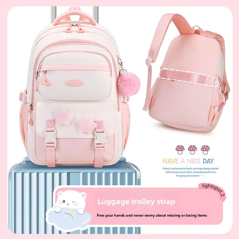 Primary Middle School Backpack for Girls Cute Backpack for School Pink School Bag for Teen Girls with Star Pins Furry Pendant
