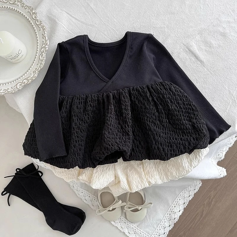 

2025 Spring New Newborn Girls Set Korean Fashion Swetheart Cute Black Long Sleeve Top and White Bud Shorts 2-Piece Set