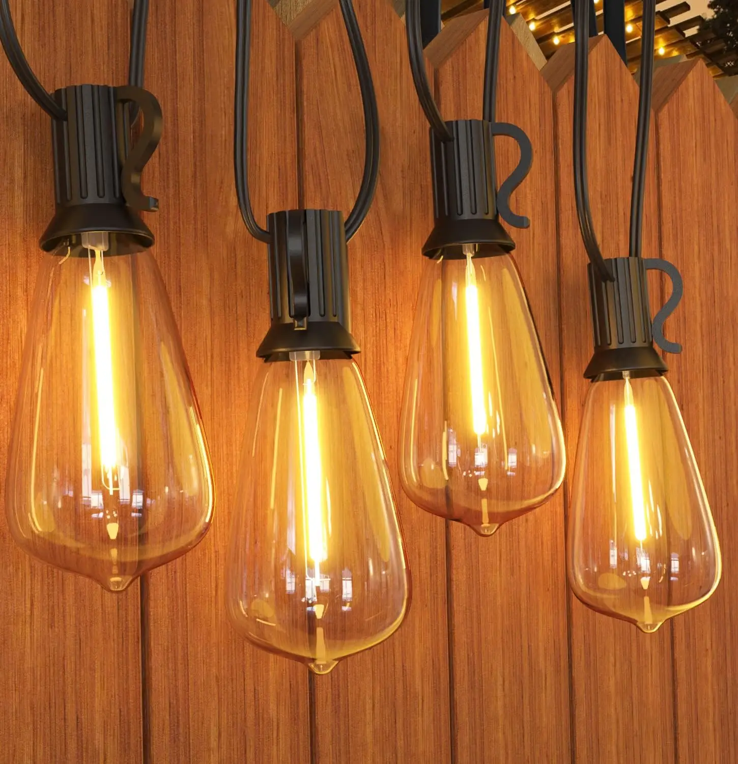 65FT Outdoor-Girlanden-Lichterkette, 48 LEDs + 2 bruchsichere ST38-Edison-Glühbirnen, wasserdicht, für Terrasse, Veranda, Garten, Hochzeit, Dekor, Lampen, 2200 K
