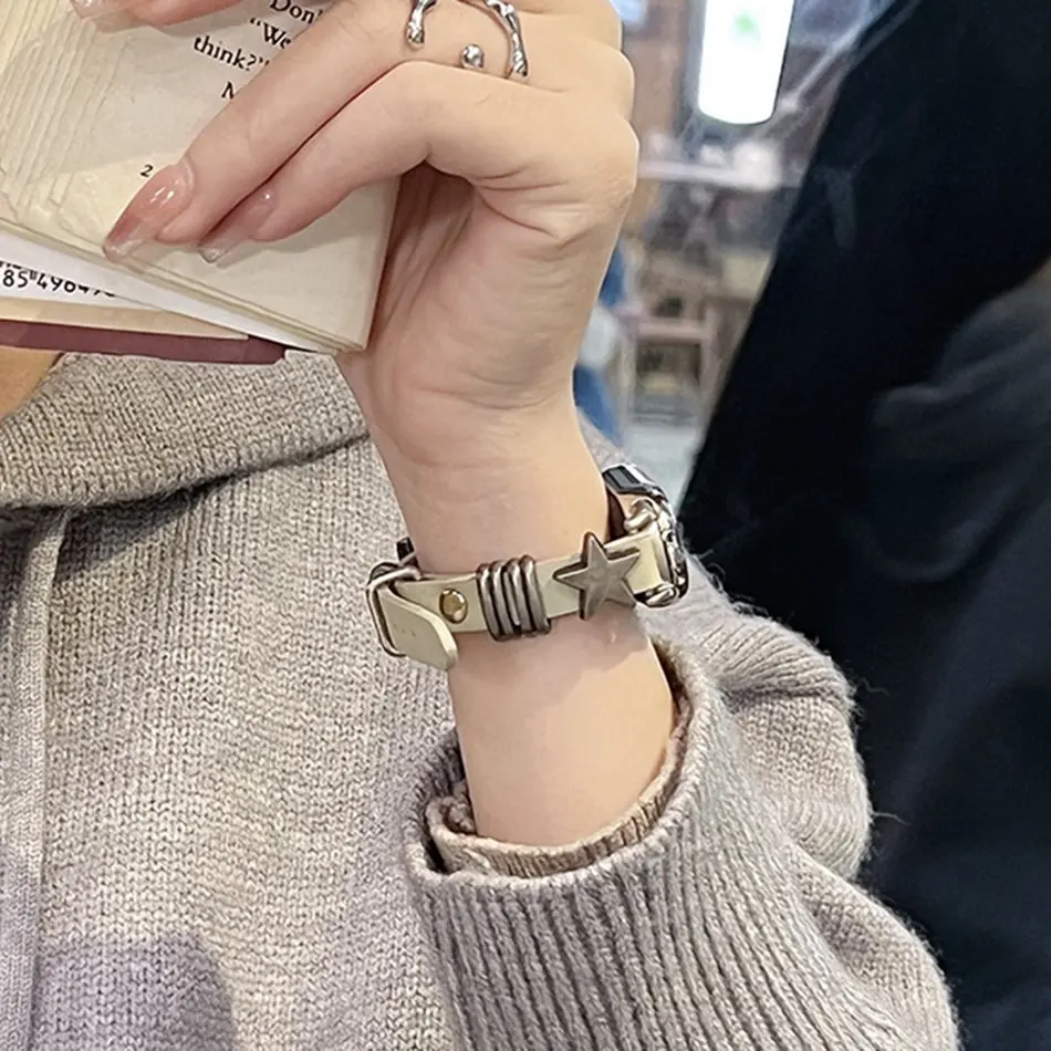 Leather Strap For Xiaomi Mi Band 10 9 8 7 6 5 4 3 Wristband Fashion Retro Metal Star Rivet Bracelet Replacement Long Watch Band