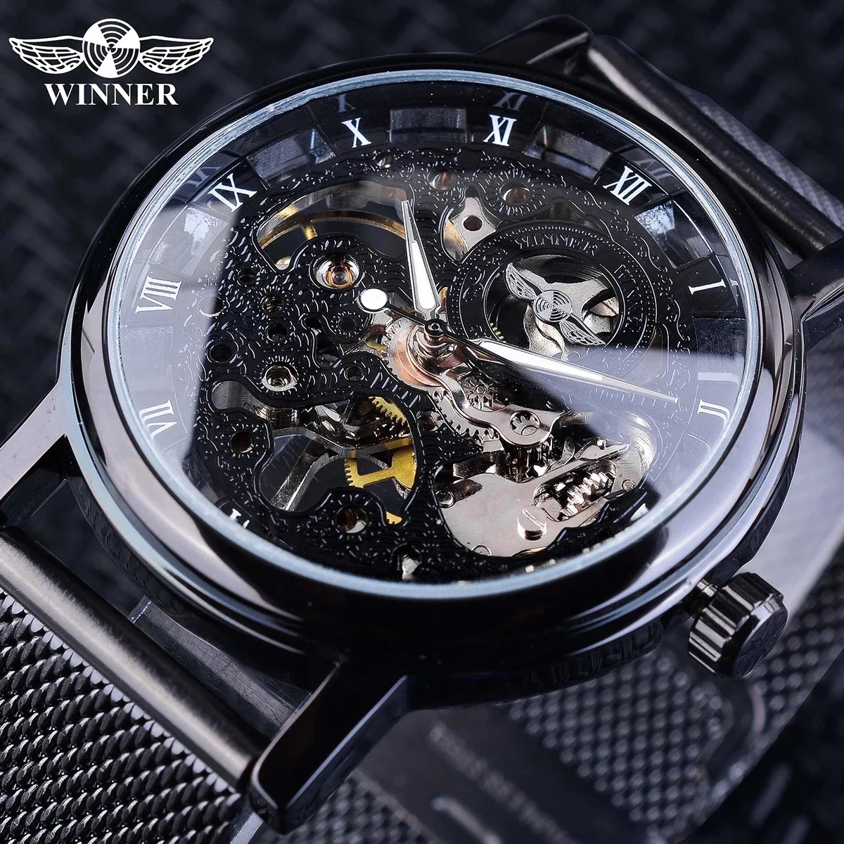 Forsining Winner Top Brand Men's Vintage Roman Numeral Skeleton Hand-Wind Mechanical Mesh Stainless Steel Case Wrist Watches