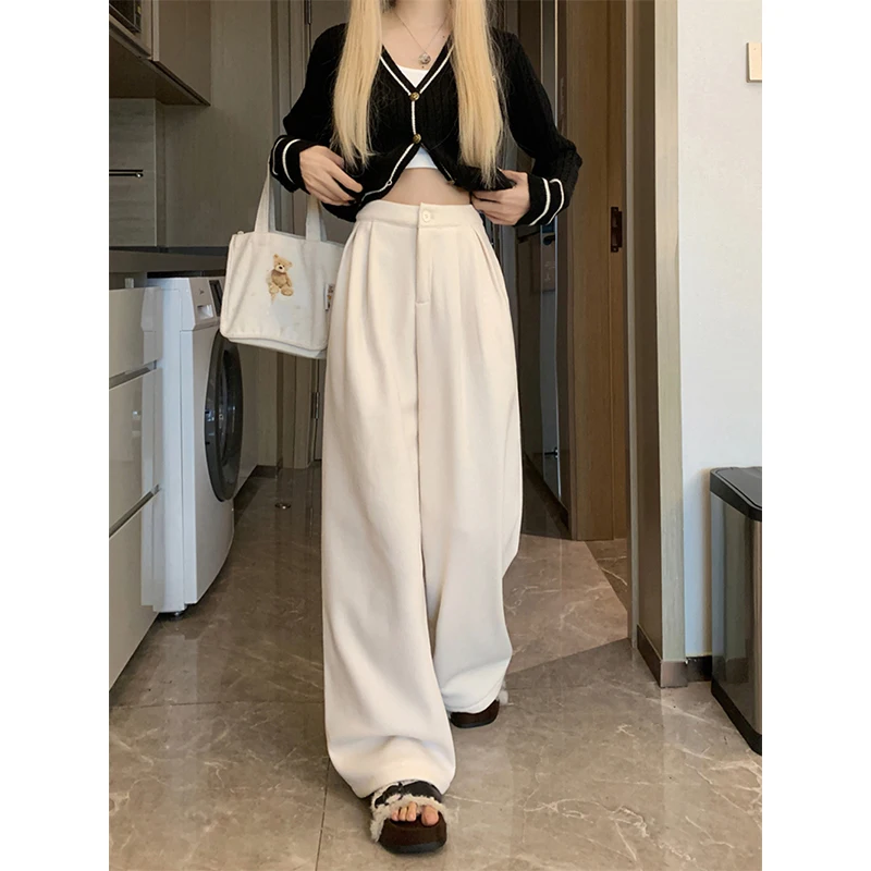 سروال قصير من الصوف بنطال ذو قصة أرجل واسعة للنساء Harajuku ملابس الشارع الشهير سروال فضفاض أسود شتوي عتيق كوري سميك غير رسمي مستقيم