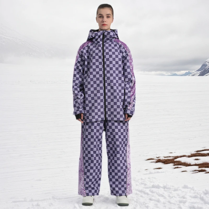 

GSOU SNOW Women's Grid Skiing Jackets Pants Windproof Breathable Loose Waterproof Female Warm Clothes Outdoor Suit Cold Winter
