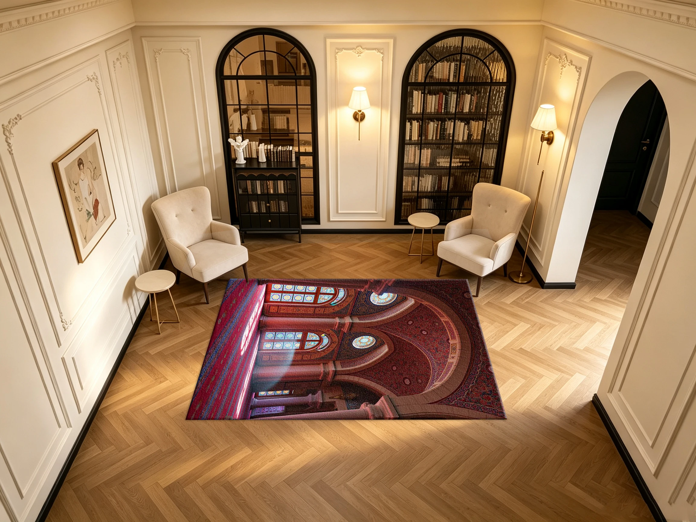 Ornate Vintage Palace Interior Stained Glass Carpet Flooring Luxurious Oriental Arch Dome Mosaic Art Printed Square Floor Rug for Apartment Ornament