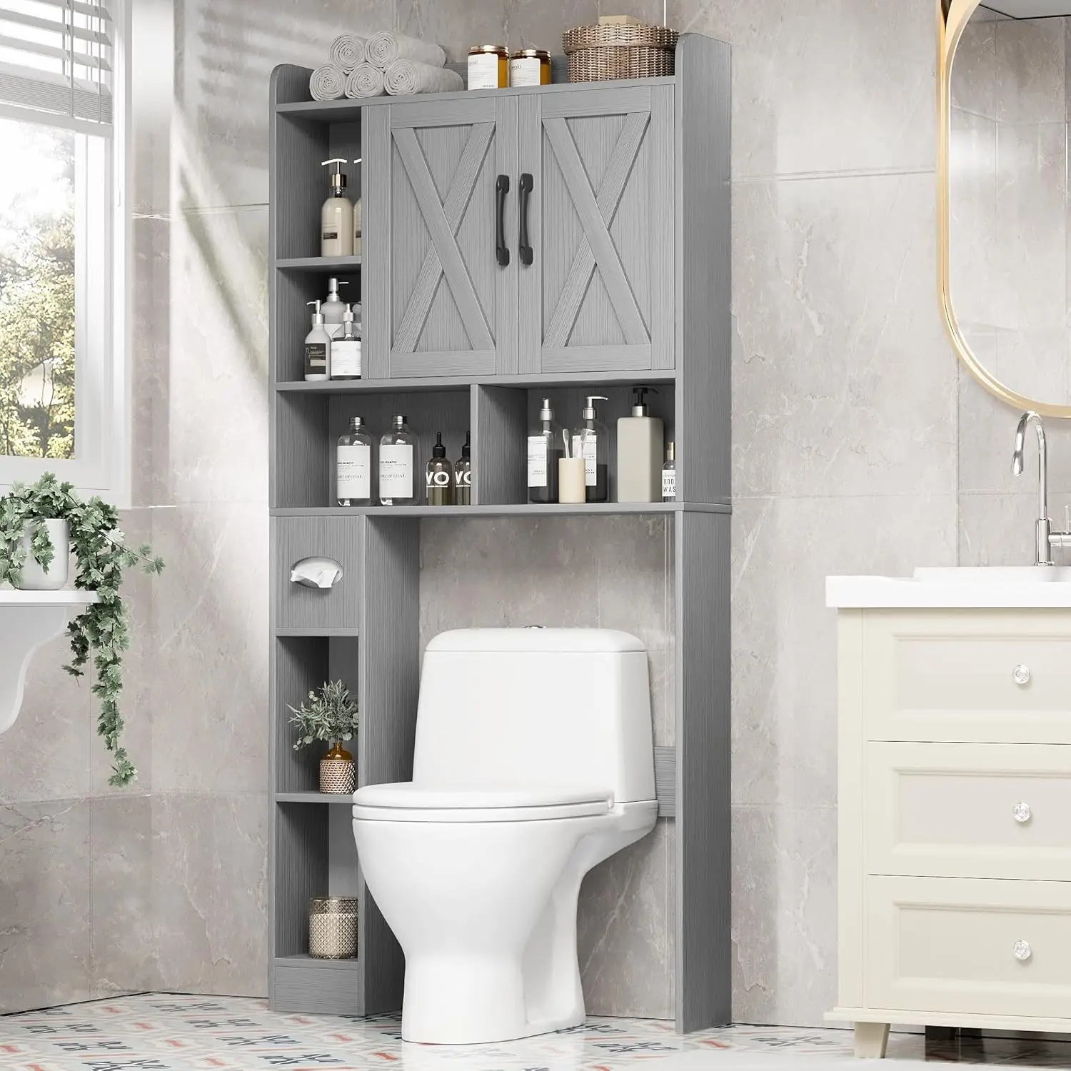

Over The Toilet Storage Cabinet, Bathroom Organizer with 2 Magnetic Doors and Adjustable Shelves, Home Space-Saving