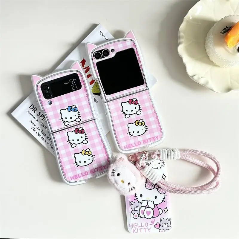 

Новый милый мультяшный чехол Sanrio Hello Kitty подходит для Galaxy Zflip5/6 Zflip3/4 простой чехол для телефона с подвесной веревкой