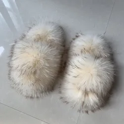 PVC Real Fur Raccoon Brown Teddy Fur Slides 2.0 Fox Big Size Home Fur Slippers For Women And Girls