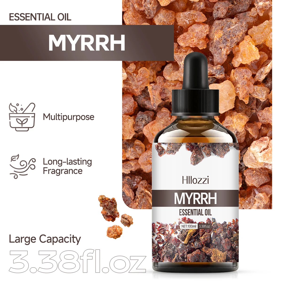 Myrrh essential oil can be used for skin care, bath, face, hair, and is suitable for all skin types.