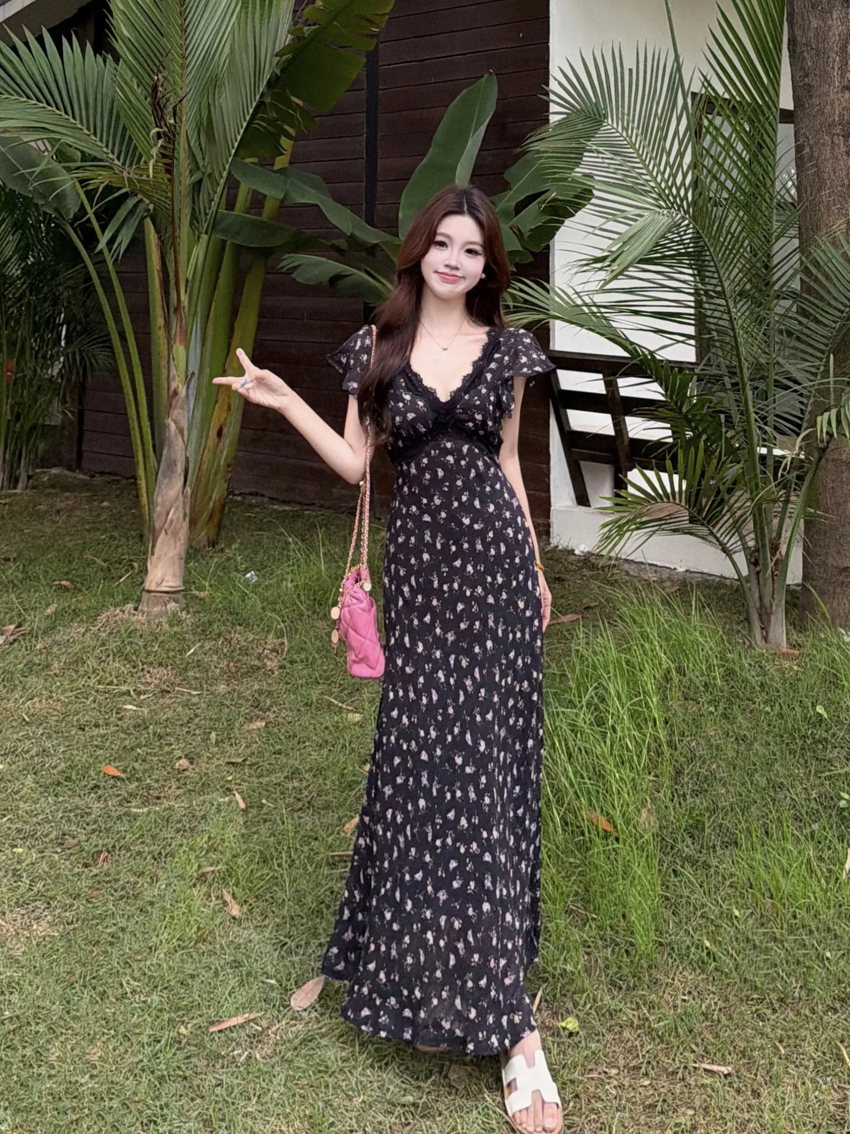 

plus Size Floral Lace Summer New V-neck Waist-cinching Slimming Design Over-knee Long Dress Korean Style Commute Fashion
