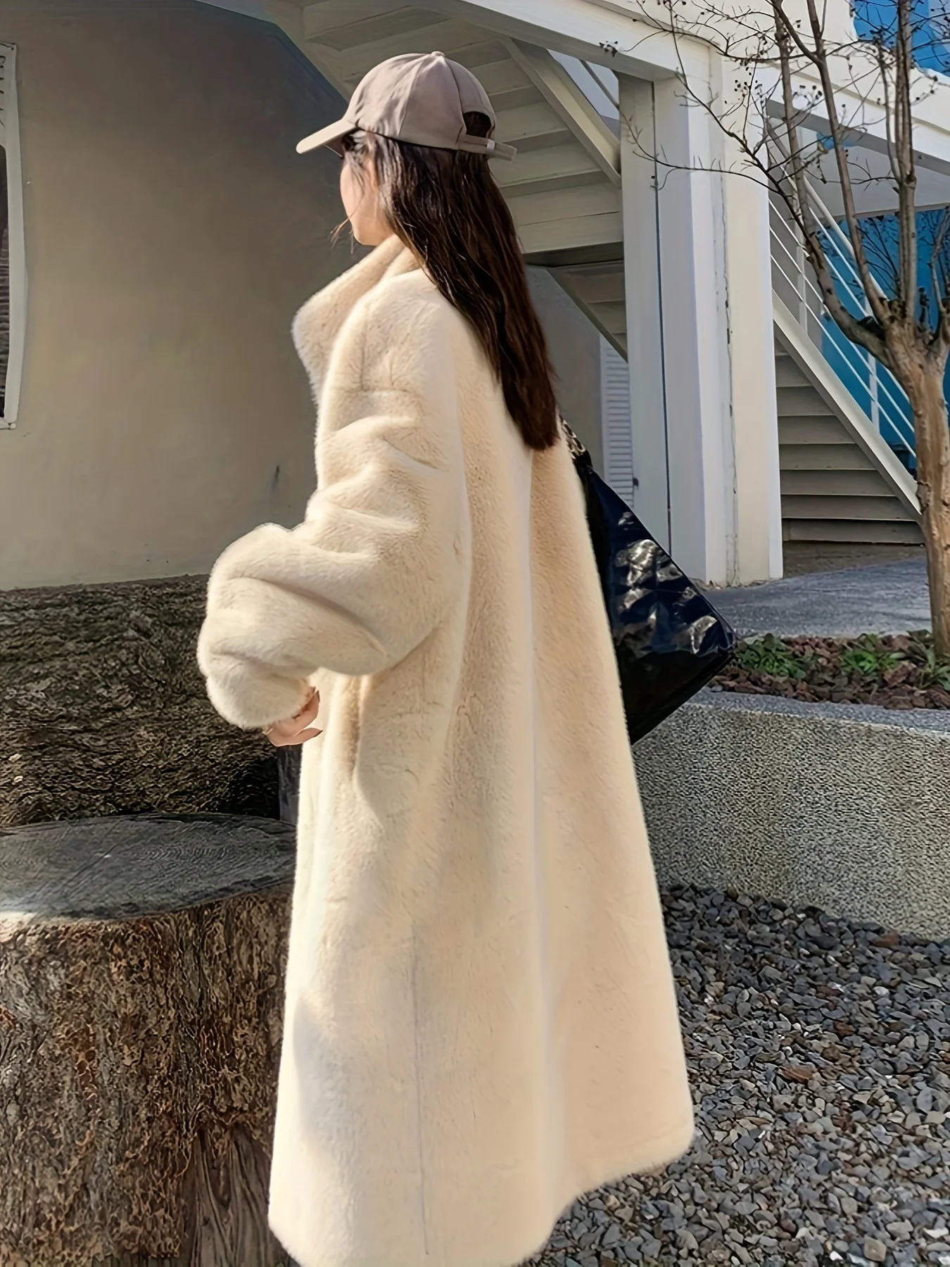 Faux Fur Open Front Coat, Chic Thermal Long Sleeve Long Length Coat for Fall & Winter, Women's Clothing