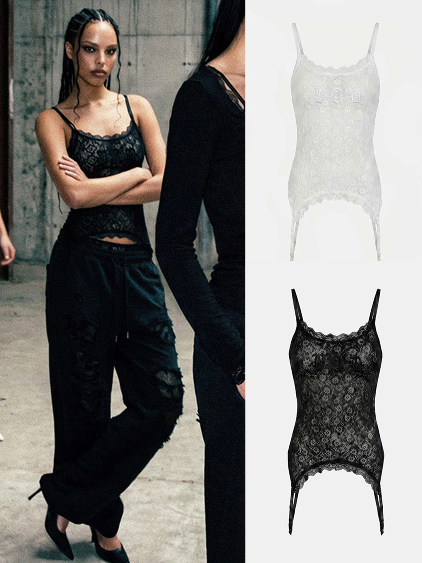 Sexy American Style Lace Crop Top Women's Design Unique Base Layer Shirt Trendy Strap Vest U-neck Short Length Floral Pattern