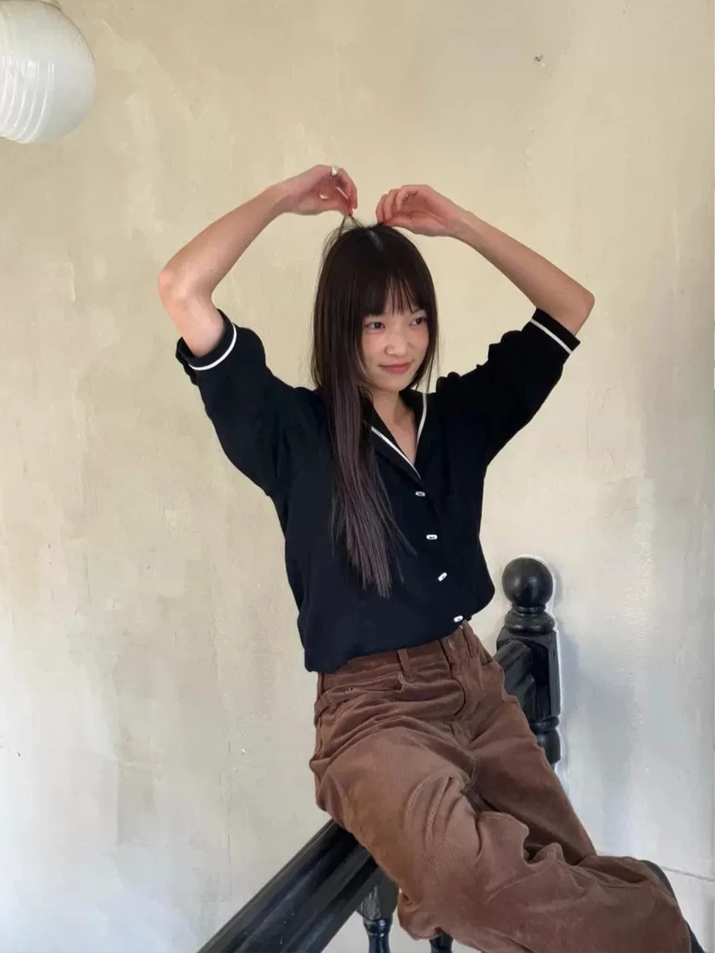 

MOSA Navy Collar Color Blo irt Women's Loose Overlap Top Cotton Long Sve Vintage Sle Casual Wear Button Front