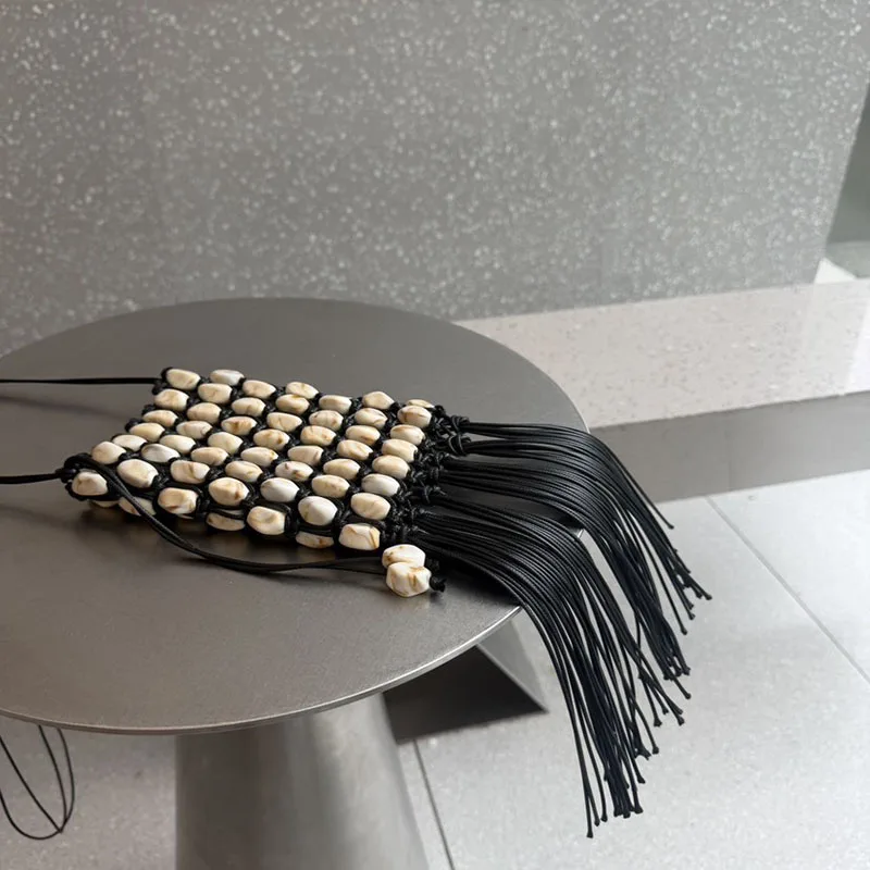 Fashion Stone Beaded Shoulder Bag Bohemian Tassel Crossbody Bags for Women Rope Crochet Beach Bag NEW Handmade Woven Bags Flap view 2
