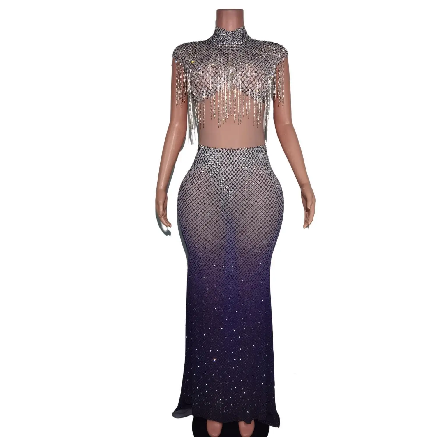 

Elegant Crystal Tassel Birthday Party Celebration Long Dress Big Size Sexy Lady Graduation Prom Dress Women Formal Evening Dress