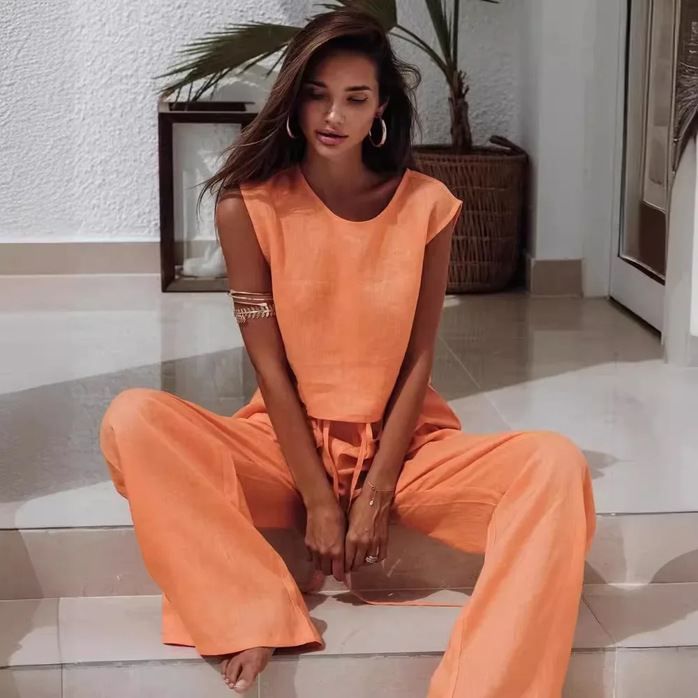 

Cross-border 2024 new cotton and linen set loose casual round neck sleeveless top + cotton and linen pocket wide-leg pants set