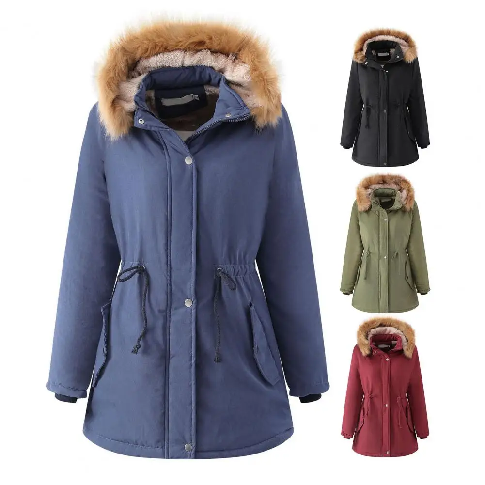 Solid Color Women Coat Stylish Women's Mid-length Coat with Detachable Hood Fleece Lining Winter Outwear for Warmth Fashion