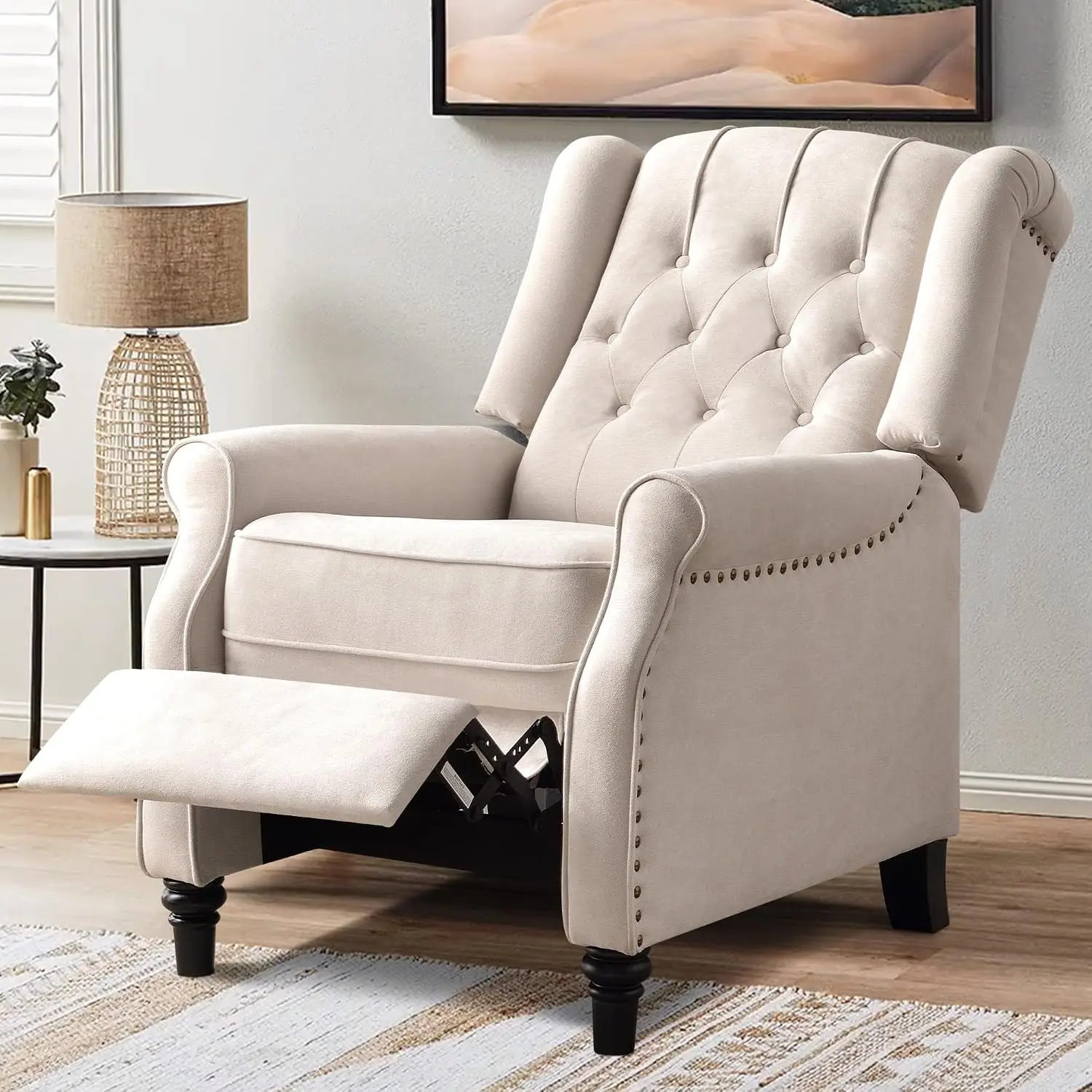 Fabric Wingback Push Back Recliner Chair, Living Room Bedroom Lounge, Beige, Customized