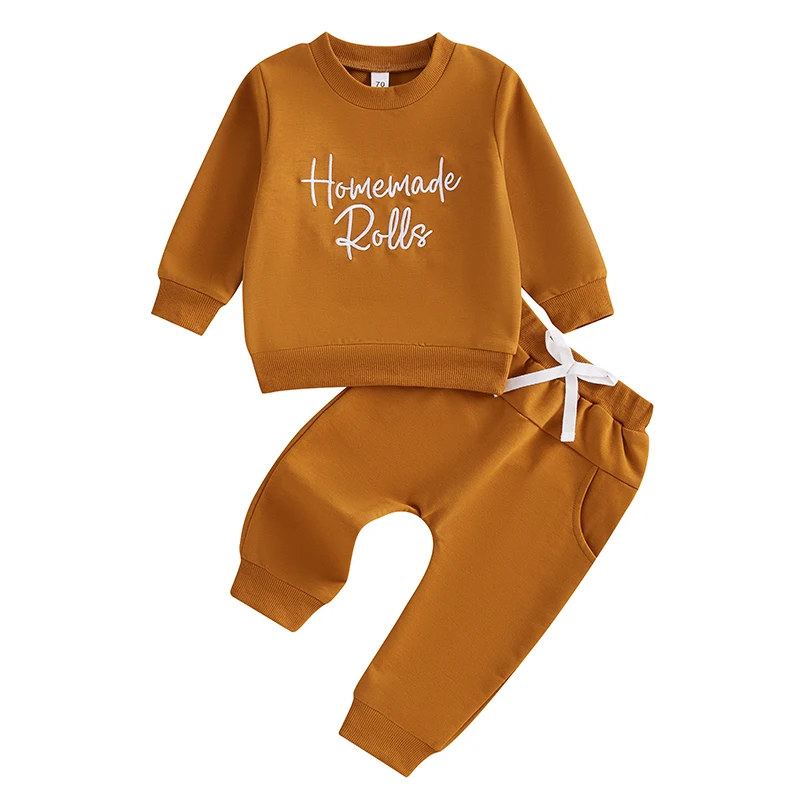 Toddler Girl Boy Thanksgiving Outfits Letter Embroidery Long Sleeve Sweatshirt with Elastic Waist Solid Pants 2Pcs Set