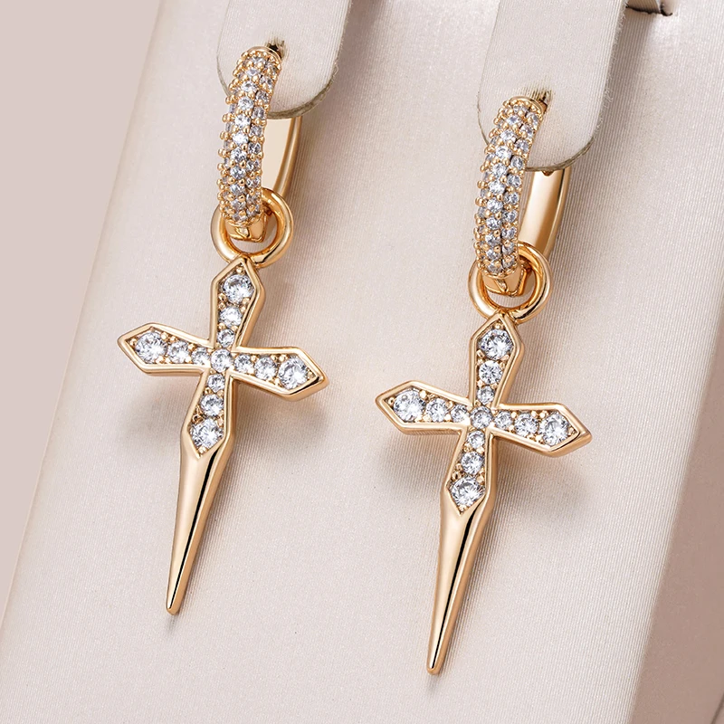 Kinel Luxury Cross Dangle Earrings for Women 585 Rose Gold Color With Natural Zircon Accessories Vintage Daily Fine Jewelry
