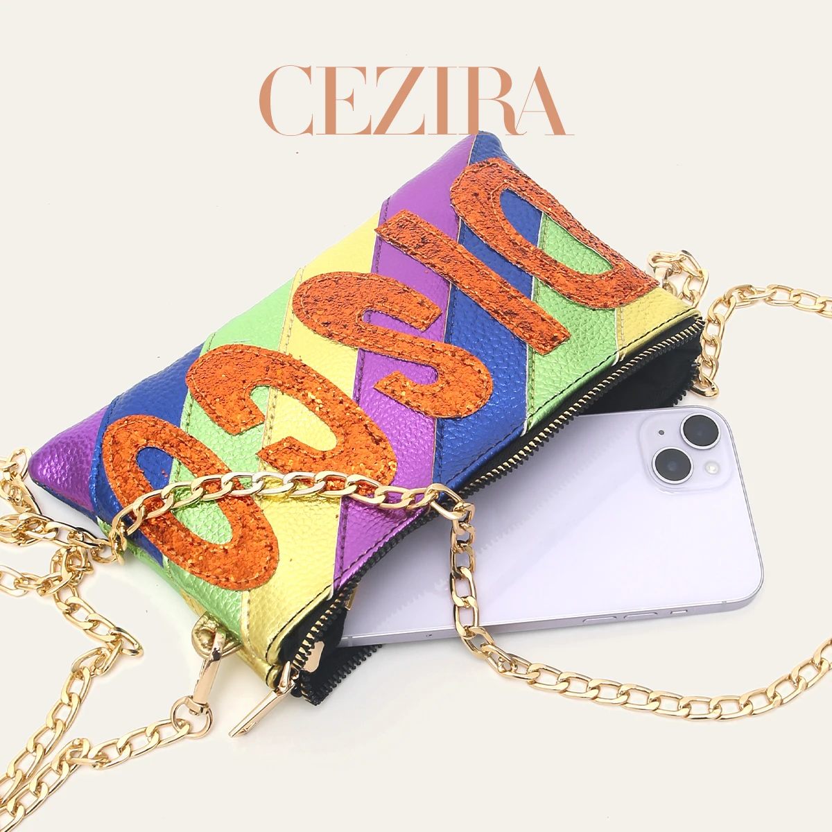 CR Fashion Colorful Shiny Sequins Letters Crossbody Purse For Women Soft PU Vegan Leather Square Clutch Handbag For Party Dating view 3