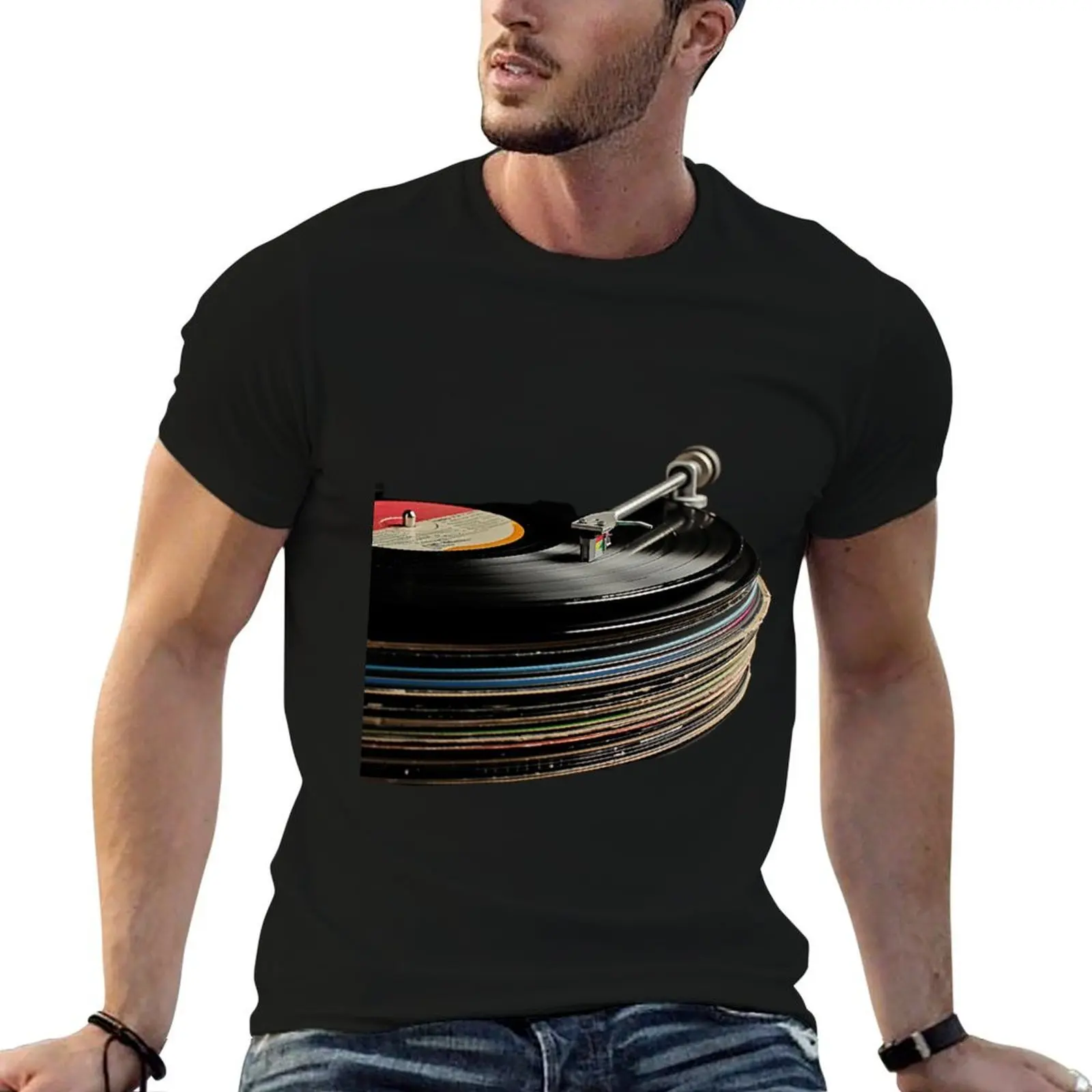 Vintage Turntable Playing Vinyl Records T-Shirt cheap stuff Short sleeve tee oversized t shirts for men
