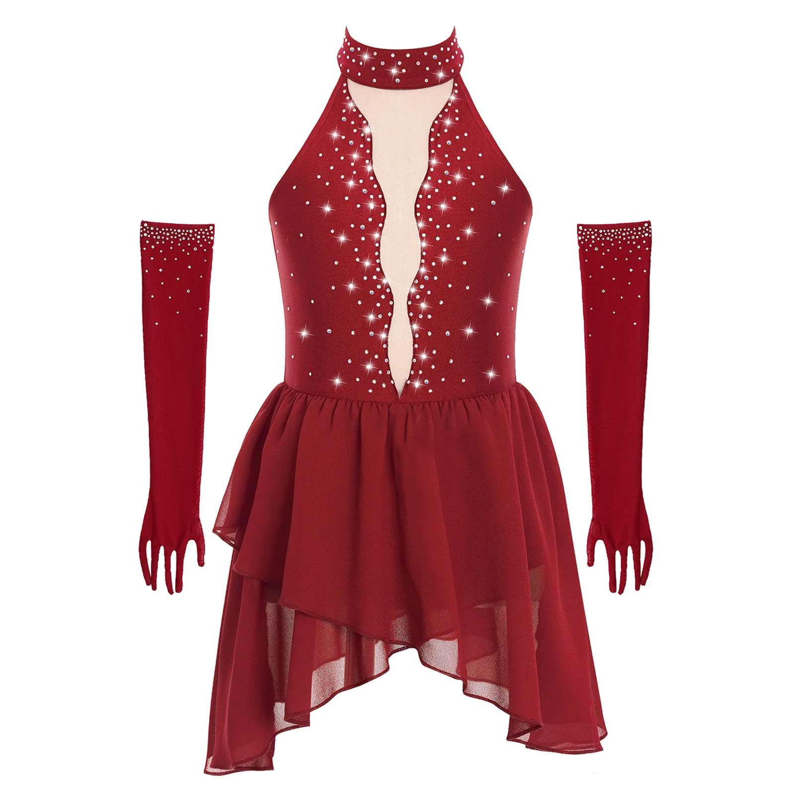 

Kids Girls Rhinestone Lyrical Dance Costumes Sheer Mesh Patchwork Sleeveless Mock Neck rregular Hem Dress with Gloves 2Pcs/Set