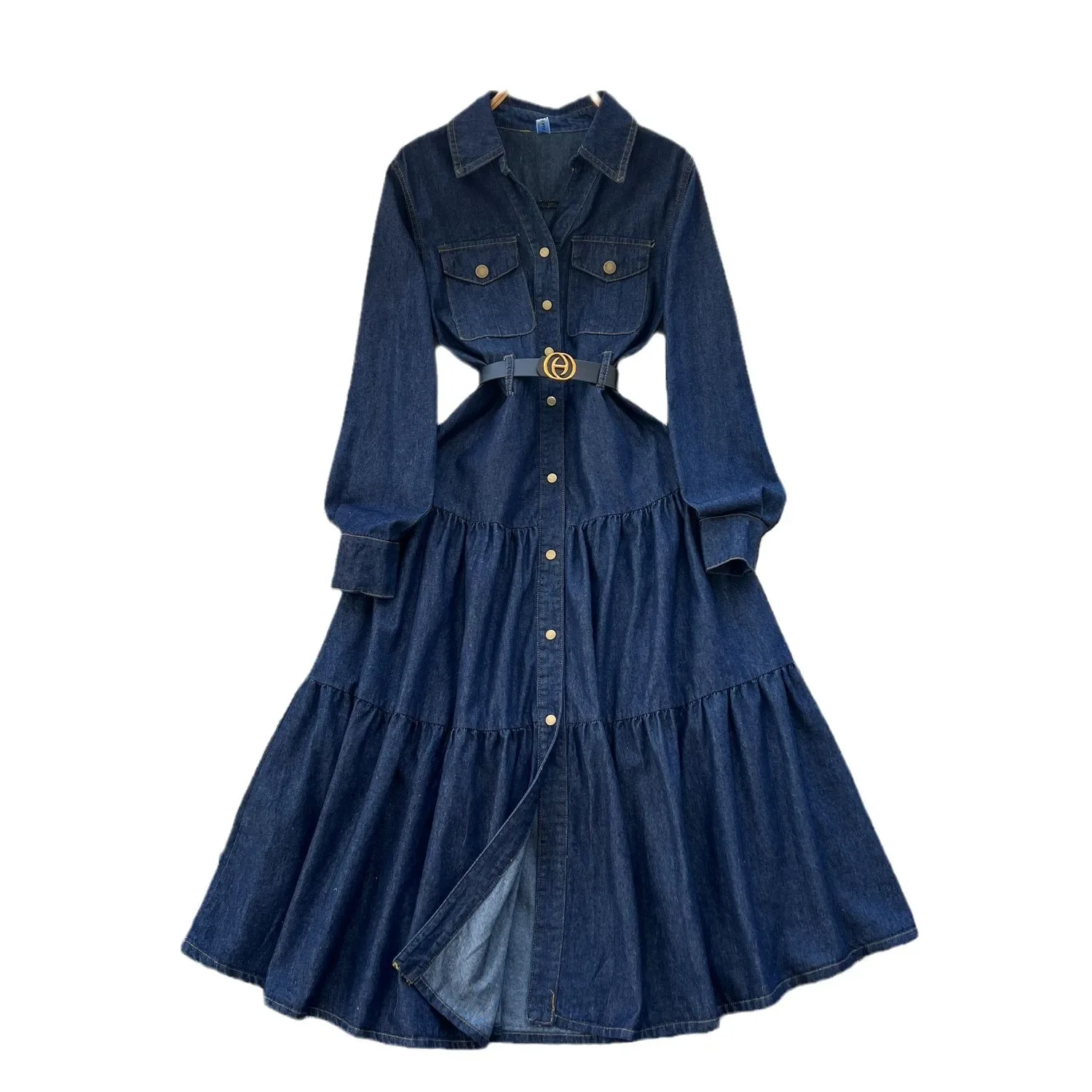 High-end Temperament Long-sleeved Denim Dress. A New Solid Color Lapel Single-breasted Mid-length Slim Dress for Women in Autumn