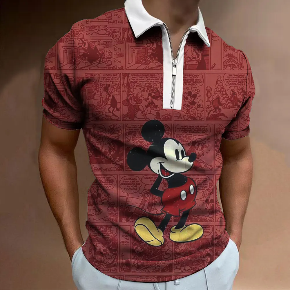 Summer Disney Cartoon Casual 3D Print Polo Shirt Men\'s Short Sleeve Lapel Zip Slim Fit Mickey Mouse Brand Men\'s Polo Shirt