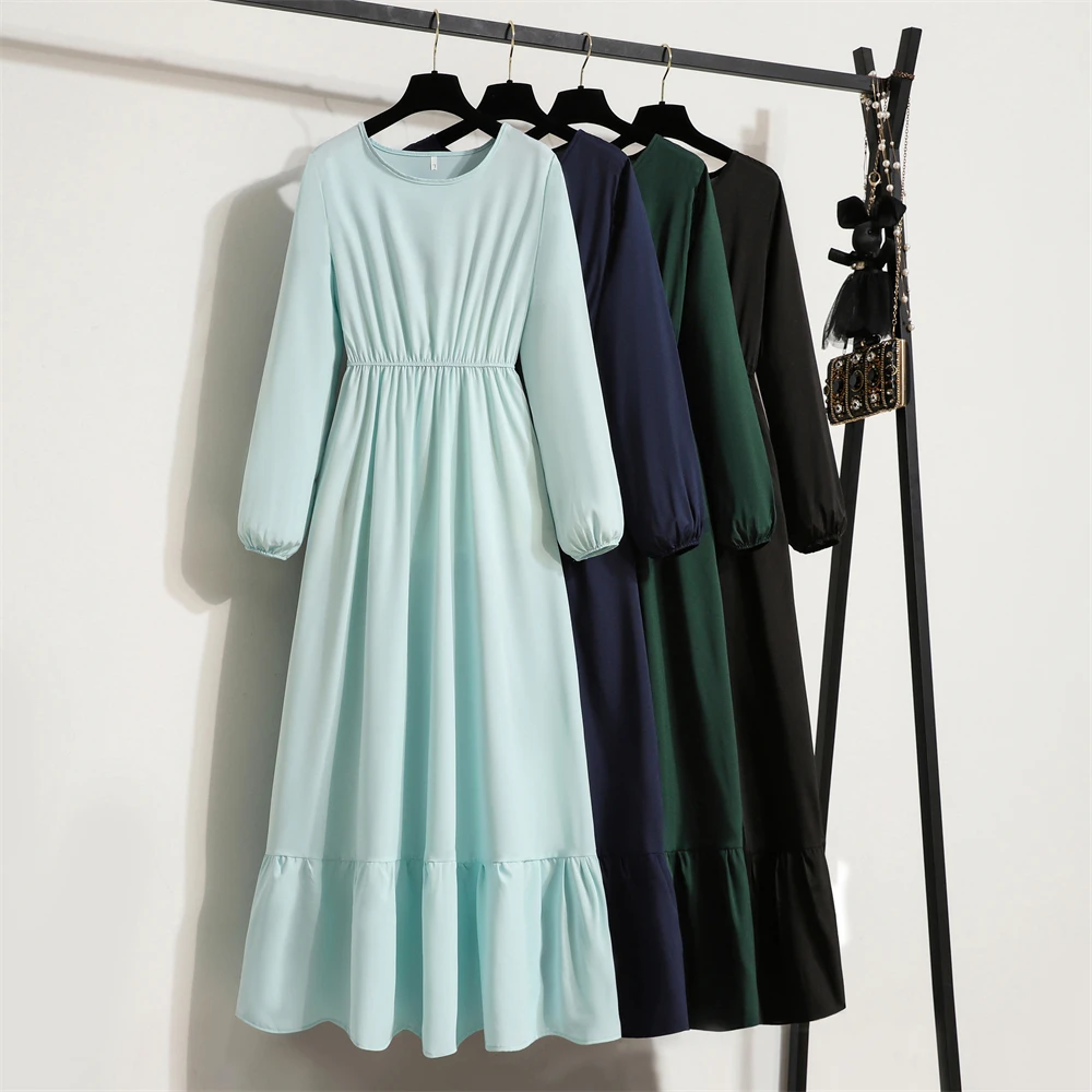 Frühling Herbst Mode weibliche Vestidos solide volle Ärmel O-Ausschnitt lässig Chiffon Kleid Frauen muslimischen langen Kleid Maxi kleider