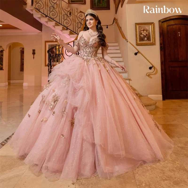 Weg von der Schulter Quinceneara Kleid Rüschen Organza mit bestickter Spitze Abschlussball-Partykleid ärmellos maßgeschneidert Vestido De Noche