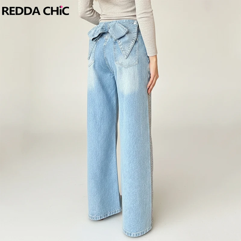 REDDACHiC Women's Y2k Jeans with Bow Detachable Retro High Rise Straight Distressed Pockets Wide Leg Casual Pants Trendy Clothes