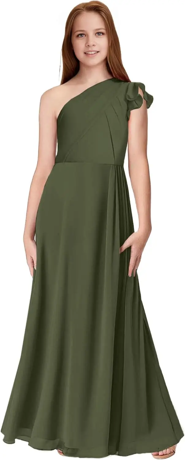 A라인 쉬폰 주니어 브라이드메이드 드레스 웨딩 원숄더 캡 슬리브 플라워 걸 롱 포멀 드레스 소녀 드레스