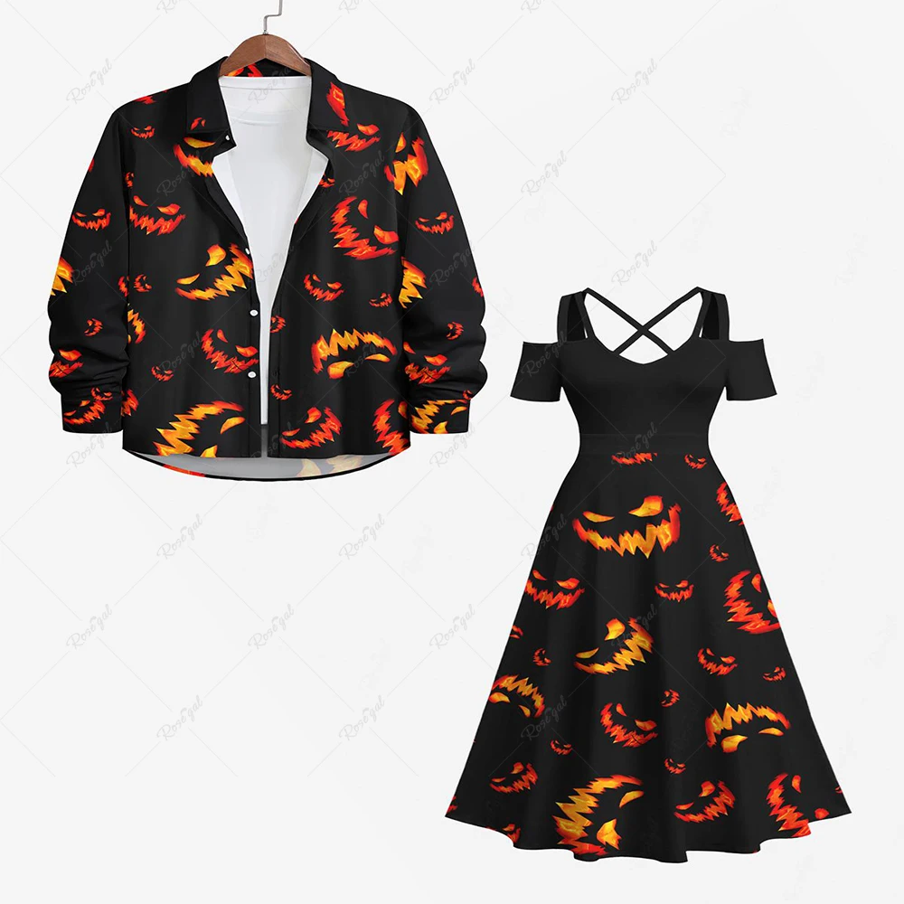 Plus Size Pumpkin Lantern Fire Flame Printed Halloween Costume Crisscross A Line Maxi Dress And Buttons Shirt For Men 2024