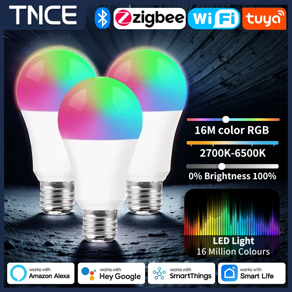 

TNCE Tuya E27 Bulb WIFI Zigbee Bluetooth, Dimmable Light LED lamp 2700-6500k RGB,Smart Life APP, Voice with Alexa Google Home