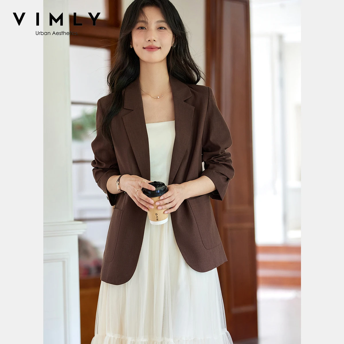 

VIMLY Women's Brown Texture Jacket Coat Autumn 2025 Casual Oversized Notched Ladies Blazer Woman Office Wear Blazer Femmes A2193