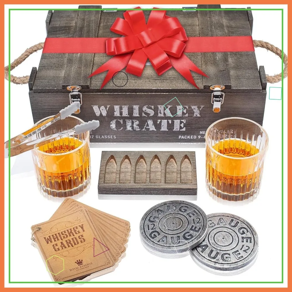 

Premium Whiskey Stones Gift Set with Bourbon Glasses and Wooden Crate - Perfect for Men, Gifts for Dad or Husband