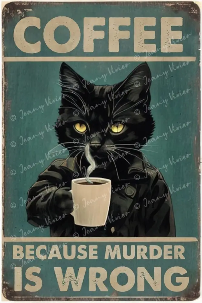 Retro Cat Coffee Metal Sign, Funny Kitchen Tin Sign, Coffee Because Murder is Wrong Signs, Crafts For Coffee Lovers, Coffee Bar 