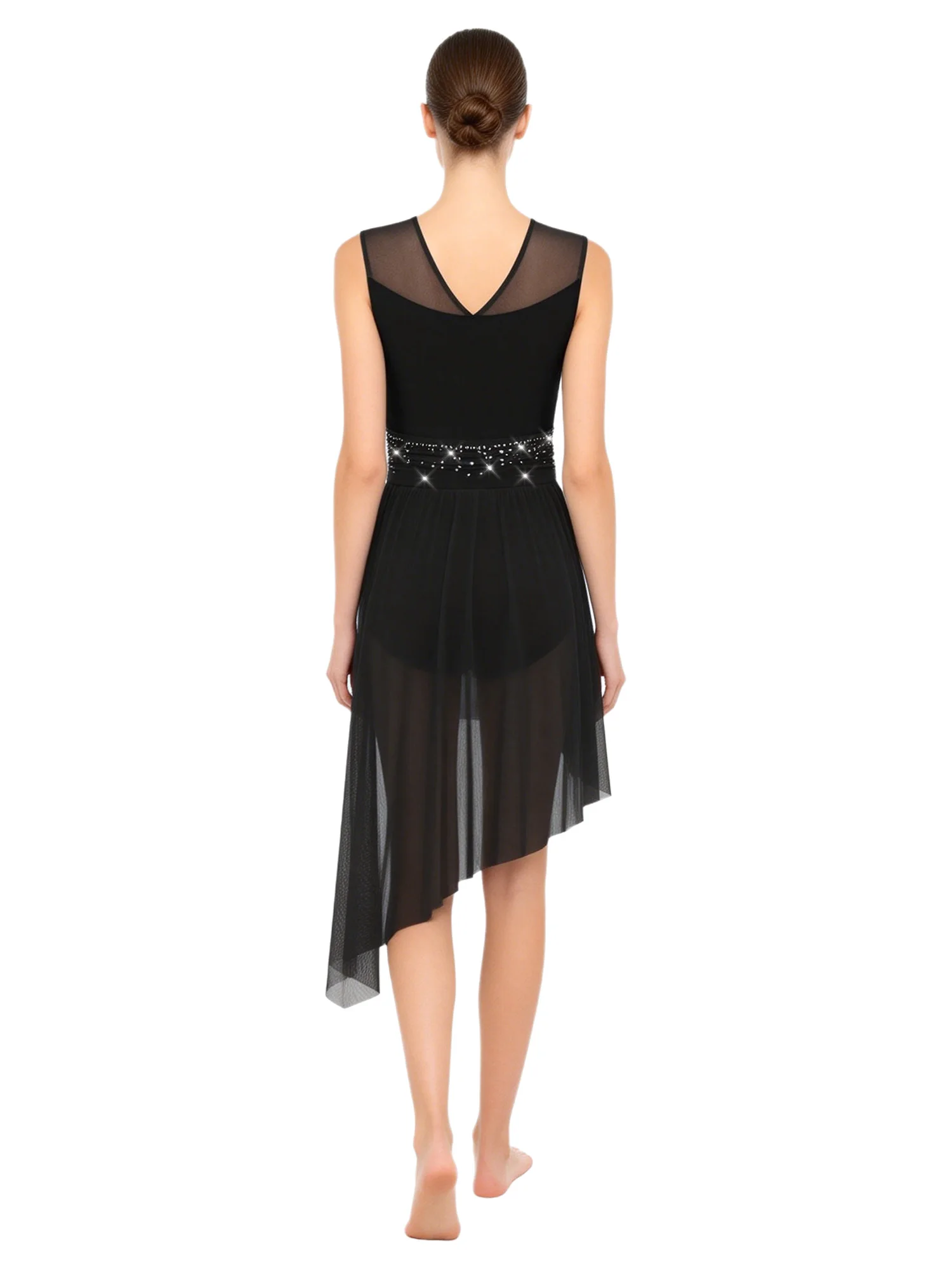 

Women Lyrical Dance Bodysuit Ice Skating Dress Sleeveless Irregular Hem Rhinestone Velvet and Mesh Leotard Dress Dancewear