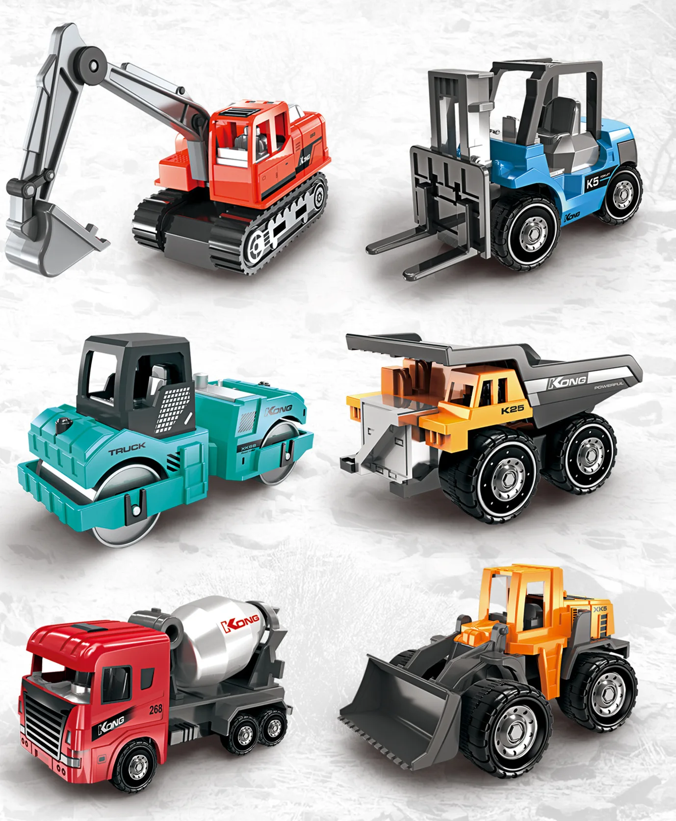 1:64 Alloy Engineering Vehicle Model Set, Excavator Forklift Stacker Locomotive Model