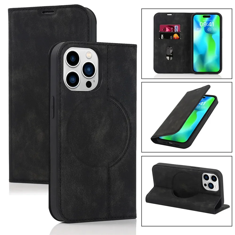 Luxury Leather Phone Case for IPhone 15 Plus 14 13 12 Mini 11 Pro Max Magnetic Magsafe Wireless Charging Flip Wallet Stand Cover